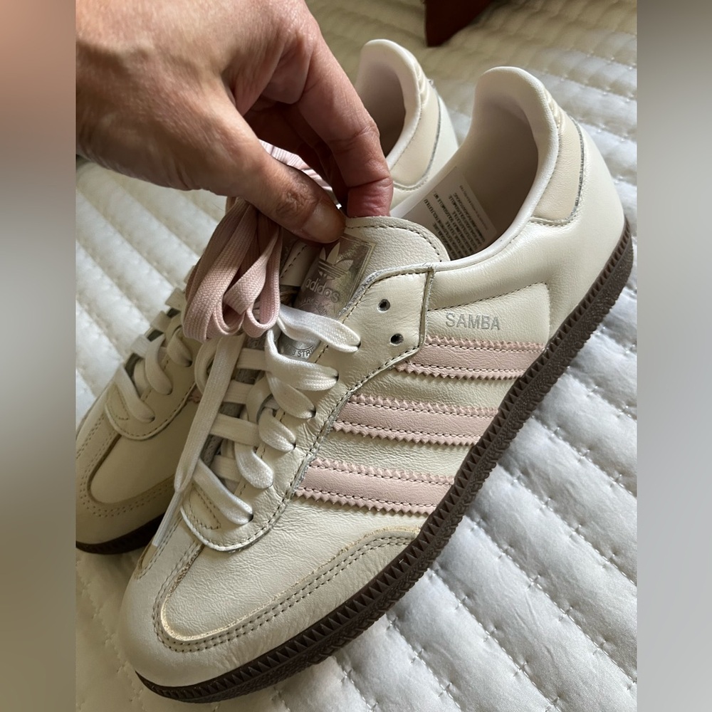 adidas Samba Sneakers in Cream with Pink Stripes and Brown Sole